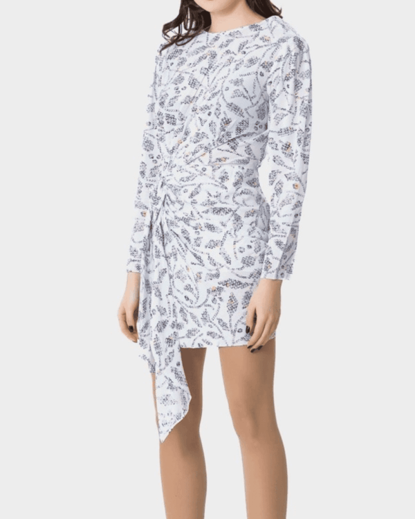 VESTIDO ESTAMPADO DE MANGA LARGA CON DRAPEADO FRONTAL Y BAJO ASIMÉTRICO