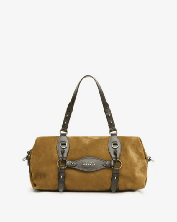 Bolso Tilpa de Isabel Marant en ante de piel de becerro gris topo con detalles en piel lisa color chocolate.