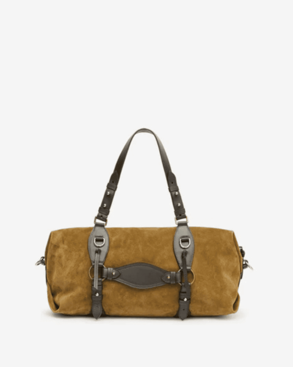 Bolso Tilpa de Isabel Marant en ante de piel de becerro gris topo con detalles en piel lisa color chocolate.
