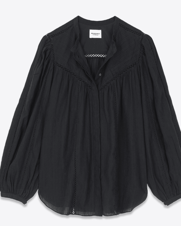 Top Leonard Isabel Marant Étoile negro con mangas abullonadas y detalles bordados.