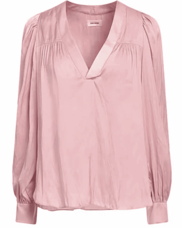 Blusa Telia Satin Zadig & Voltaire rosa Deep Parm de satén con escote profundo y mangas largas.