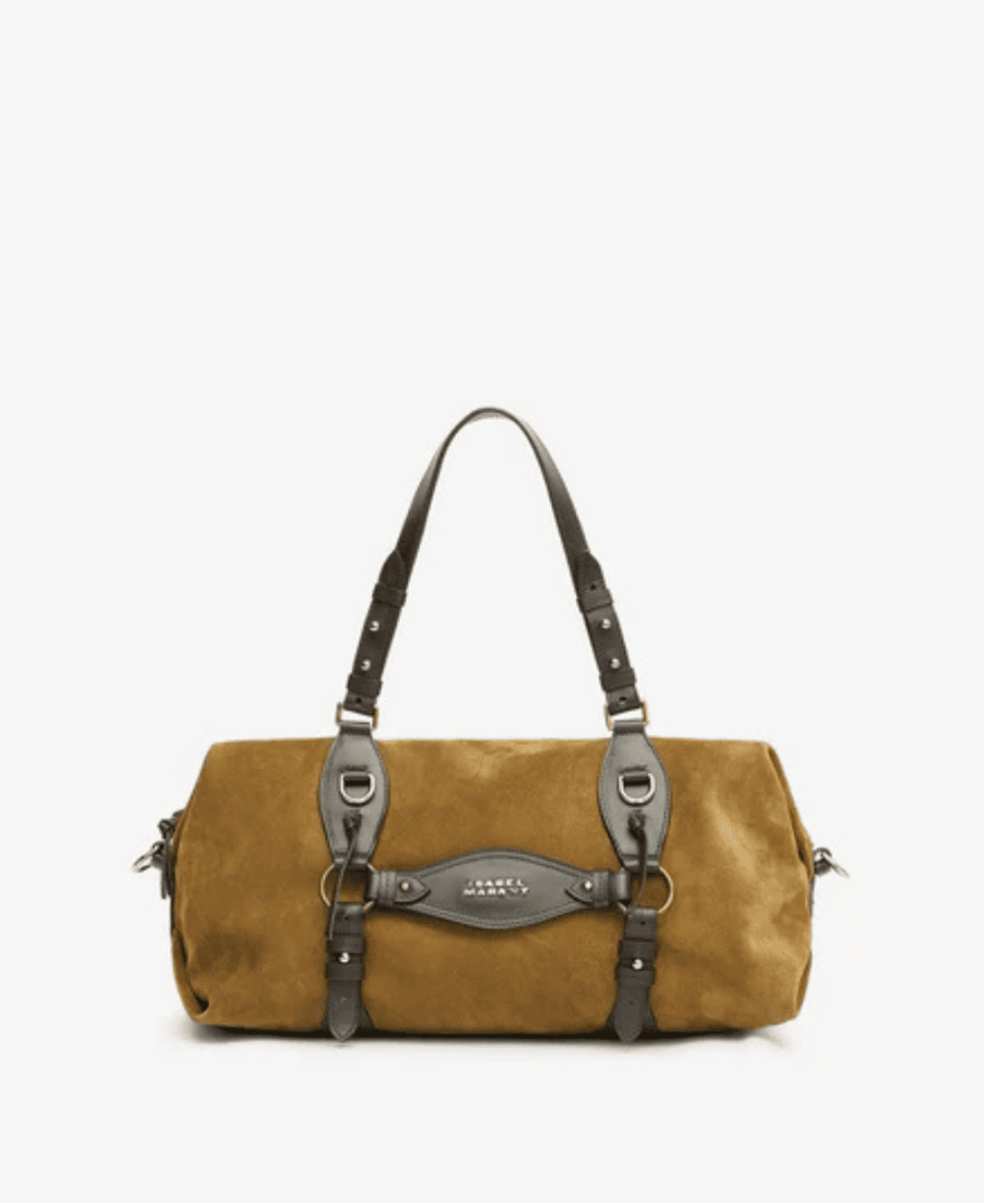 Bolso Tilpa de Isabel Marant en ante de piel de becerro gris topo con detalles en piel lisa color chocolate.